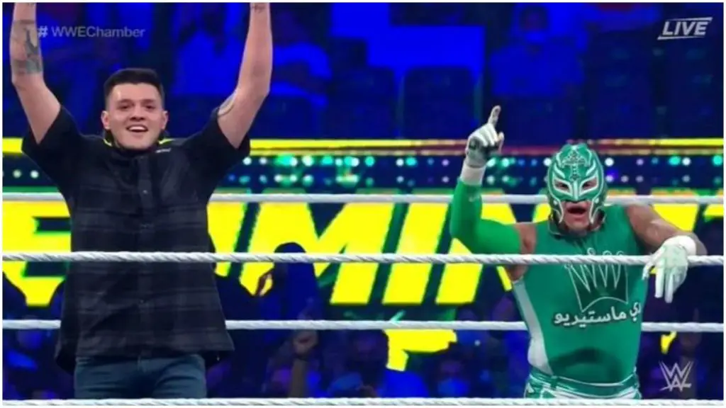 Dominik Mysterio and Rey Mysterio at Elimination Chamber 2022