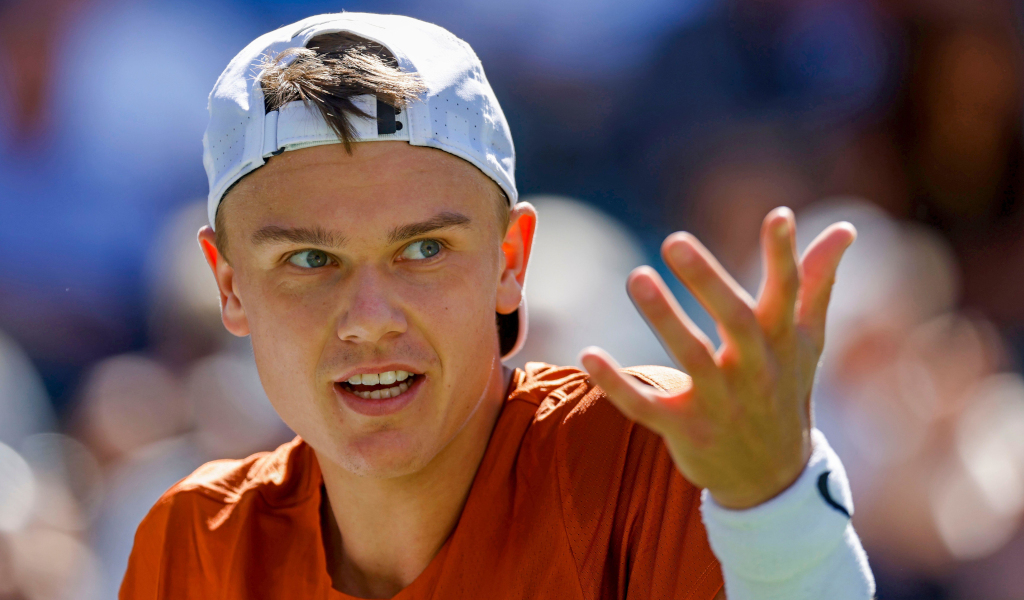 March 13, 2023 Holger Rune of Denmark reacts to losing a point against Stan Wawrinka of Switzerland during the 2023 BNP Paribas Open at Indian Wells Tennis Garden in Indian Wells, California. Mandatory Photo Credit: Charles Baus/CSM