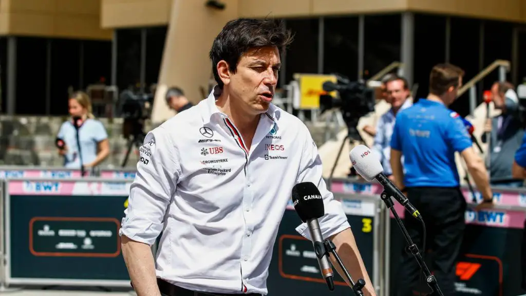 Toto Wolff being interviewed in the media pen planetF1