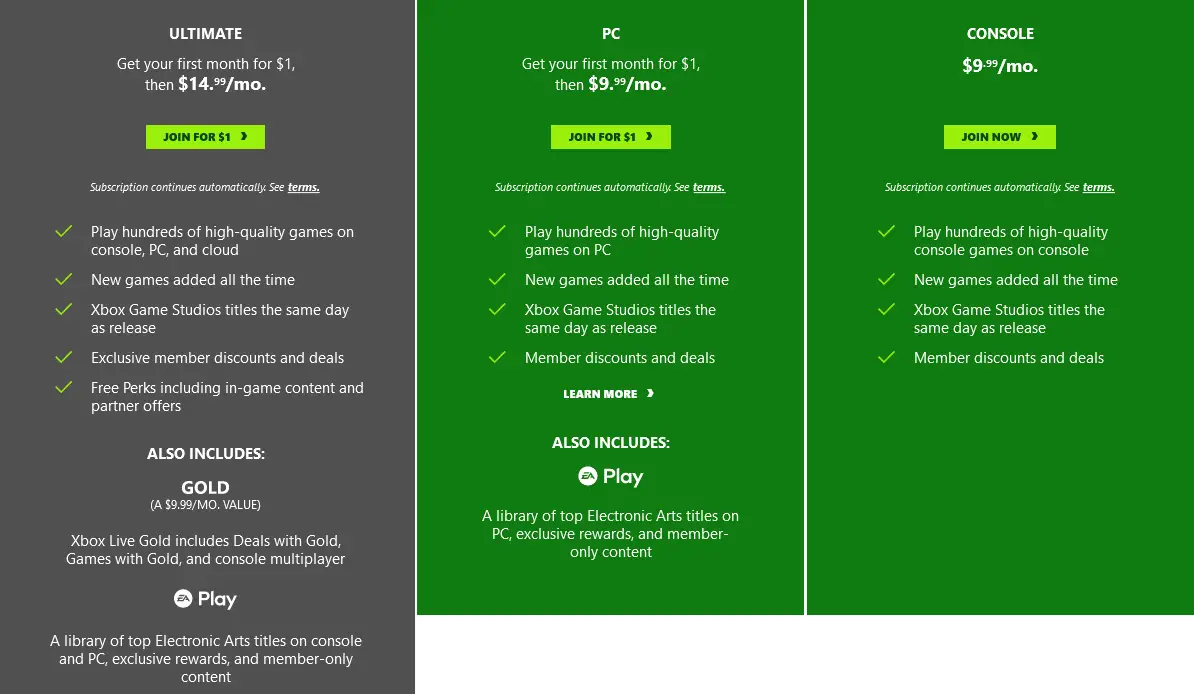 XBOX Game Pass Plans