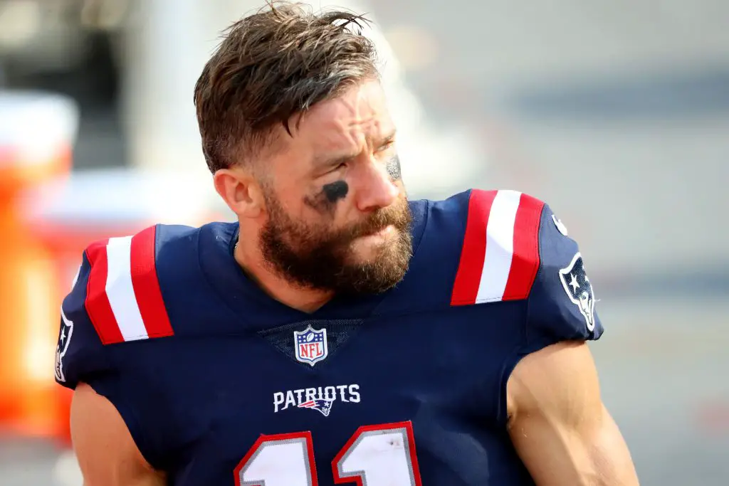 julian edelman of the new england patriots looks on after news photo 1648389596